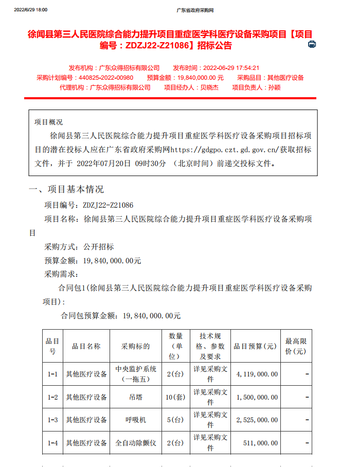 徐聞縣第三人民醫(yī)院綜合能力提升項目重癥醫(yī)學科醫(yī)療設備采購項目【項目 編號：ZDZJ22-Z21086】招標公告(圖1)