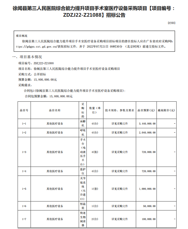徐聞縣第三人民醫(yī)院綜合能力提升項目手術(shù)室醫(yī)療設(shè)備采購項目【項目編號： ZDZJ22-Z21088】招標公告(圖1)
