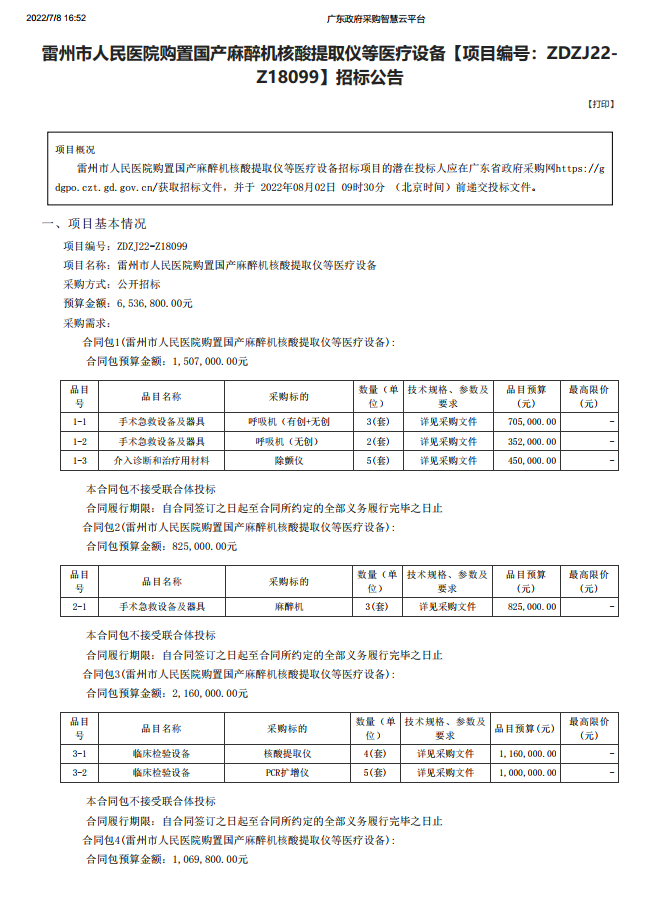 雷州市人民醫(yī)院購置國產(chǎn)麻醉機核酸提取儀等醫(yī)療設備【項目編號：ZDZJ22- Z18099】招標公告(圖1)