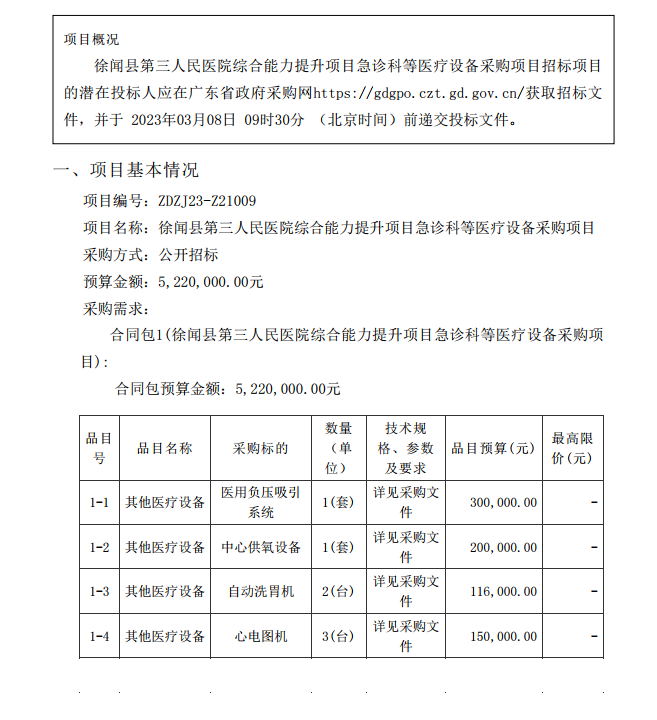 徐聞縣第三人民醫(yī)院綜合能力提升項(xiàng)目急診科等醫(yī)療設(shè)備采購(gòu)項(xiàng)目 [ZDZJ23-Z21009]招標(biāo)公告(圖1)