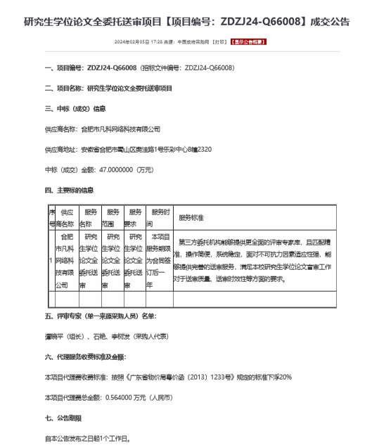 研究生學(xué)位論文全委托送審項目【項目編號：ZDZJ24-Q66008】成交公告(圖1)